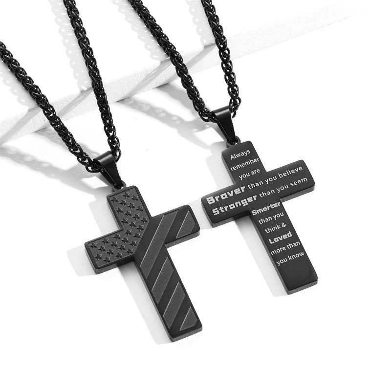 Christianartworkshop Tri-Color Cross Necklace with American Flag & Scripture: A Patriotic Expression - Black - Always remember - image 2