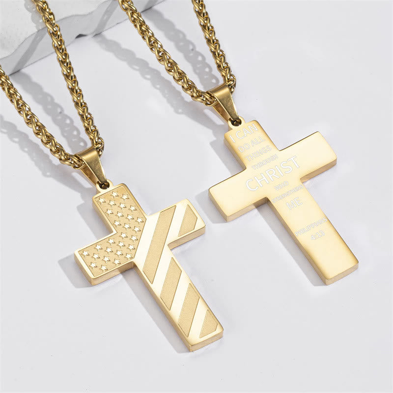 Christianartworkshop Tri-Color Cross Necklace with American Flag & Scripture: A Patriotic Expression - Golden - Phinippians 4:13 - image 35
