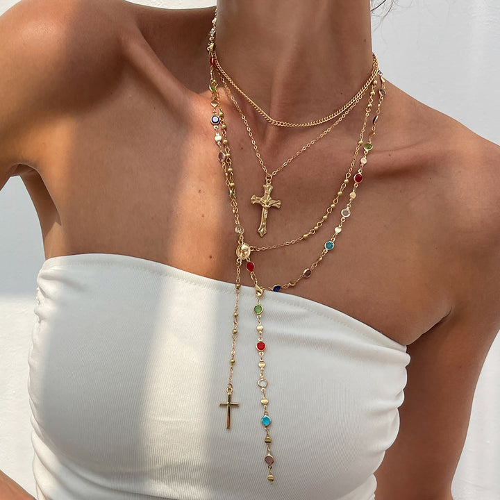 Christianartworkshop Layered Cross Necklace Set: Multistrand Faith & Fashion-Forward Expression - Golden - image 0