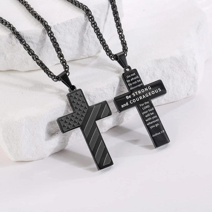 Christianartworkshop Tri-Color Cross Necklace with American Flag & Scripture: A Patriotic Expression - Black - Joshua 1:9 - image 0