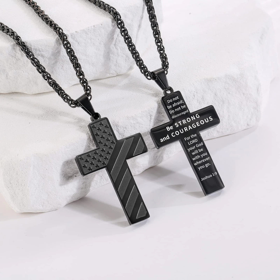 FREE Today: Tri-Color Cross Necklace with American Flag & Scripture: A Patriotic Expression - Black - Joshua 1:9 - image 0