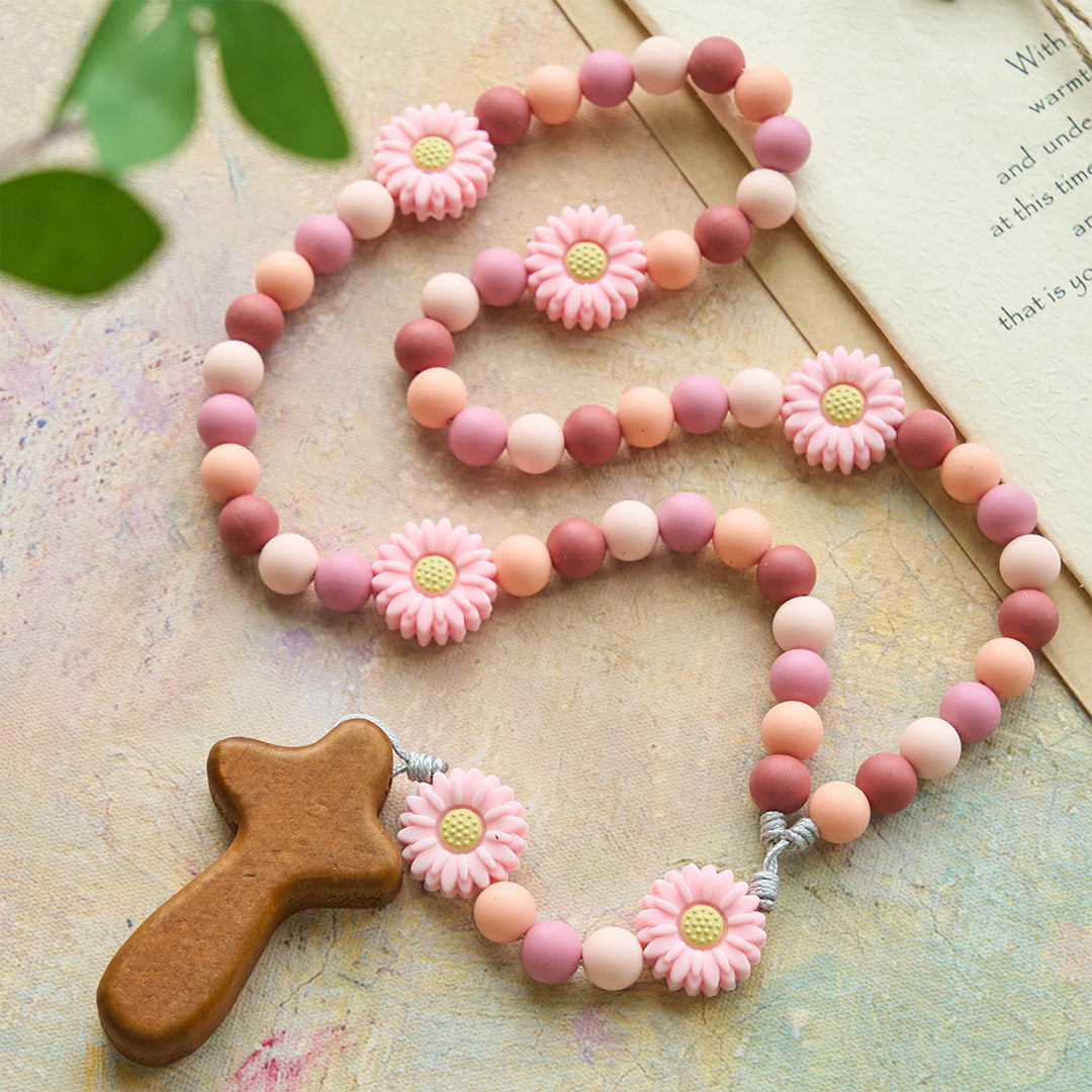 Christianartworkshop Children’s Silicone Pink Daisy Rosary with Wood Cross - image 2