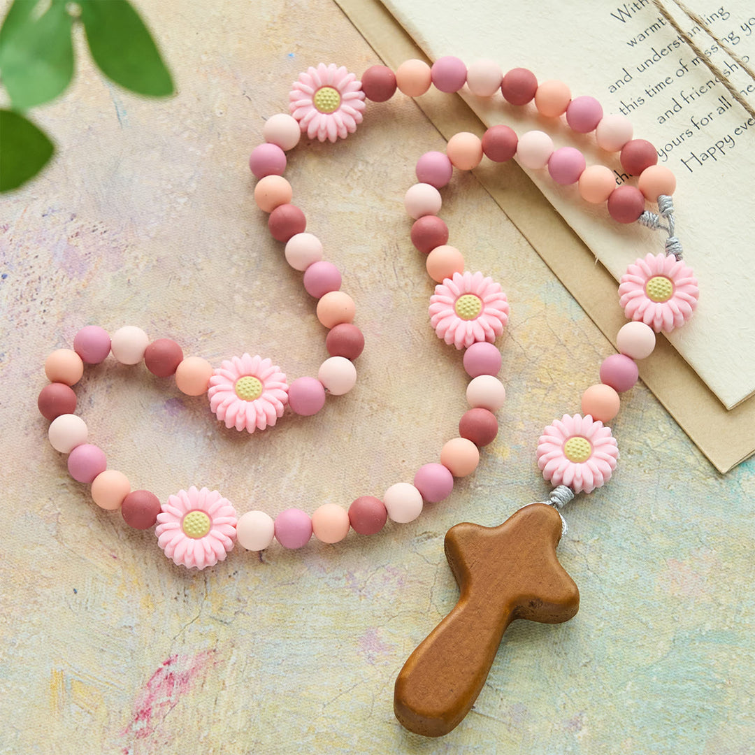 FREE Today: Children’s Silicone Pink Daisy Rosary with Wood Cross - Daisy Children Rosary - image 0