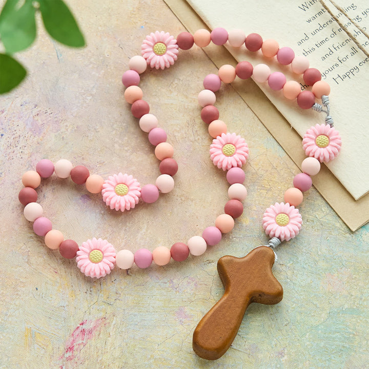 FREE Today: Children’s Silicone Pink Daisy Rosary with Wood Cross - Daisy Children Rosary - image 0