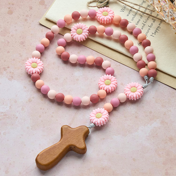 Christianartworkshop Children’s Silicone Pink Daisy Rosary with Wood Cross - image 3
