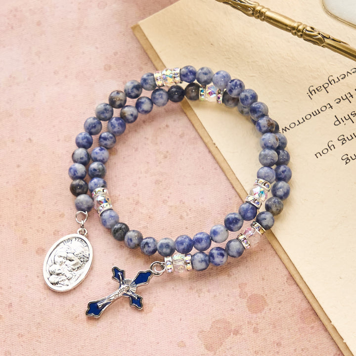 Christianartworkshop Blue Stone with Holy Family Memory Wire Rosary Bracelet - Wrist Circumference: 7.09"-9.45"/18-24cm - image 0