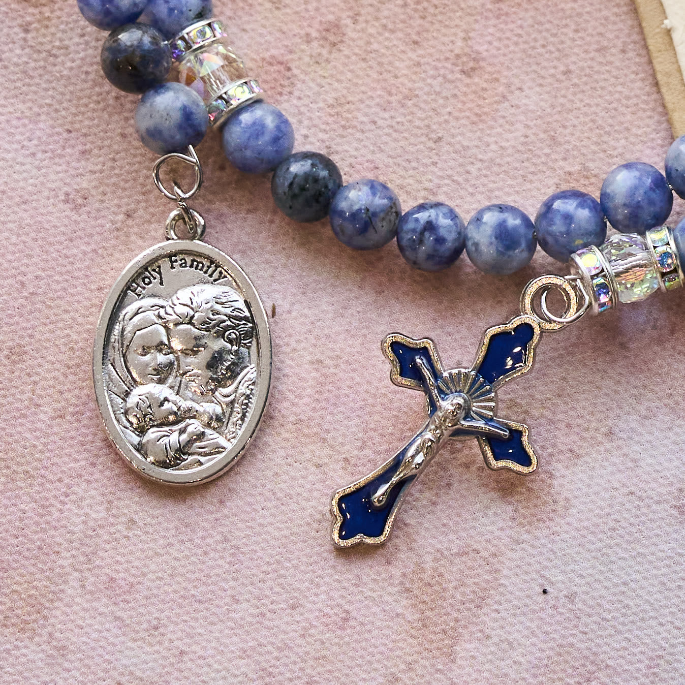 Blue Stone Memory Wire Rosary Bracelet with Holy Family Medal