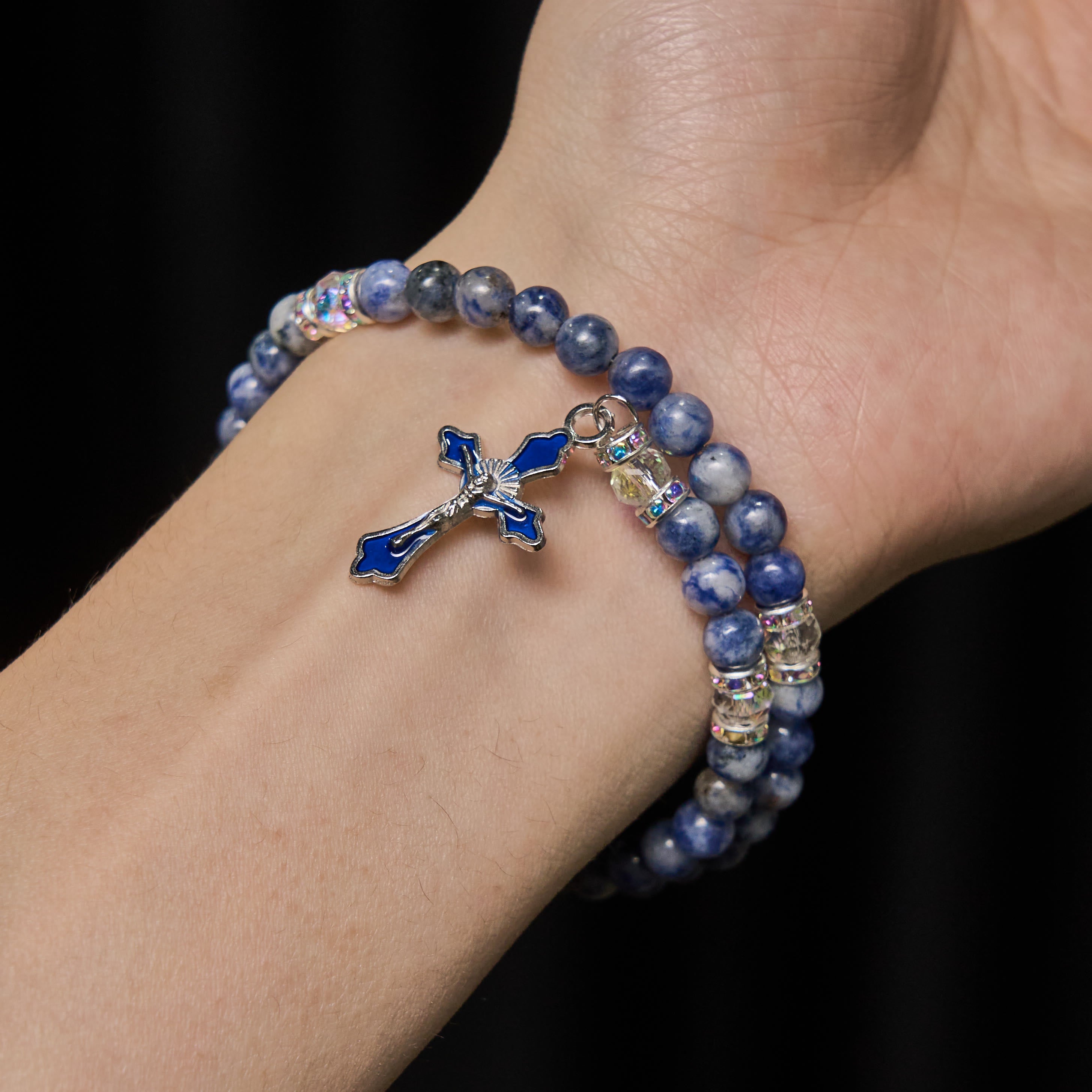 Blue Stone Memory Wire Rosary Bracelet with Holy Family Medal
