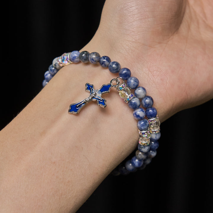 Christianartworkshop Blue Stone with Holy Family Memory Wire Rosary Bracelet - image 1