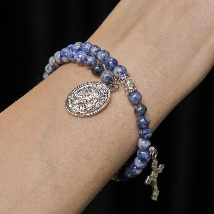 Christianartworkshop Blue Stone with Holy Family Memory Wire Rosary Bracelet - image 2