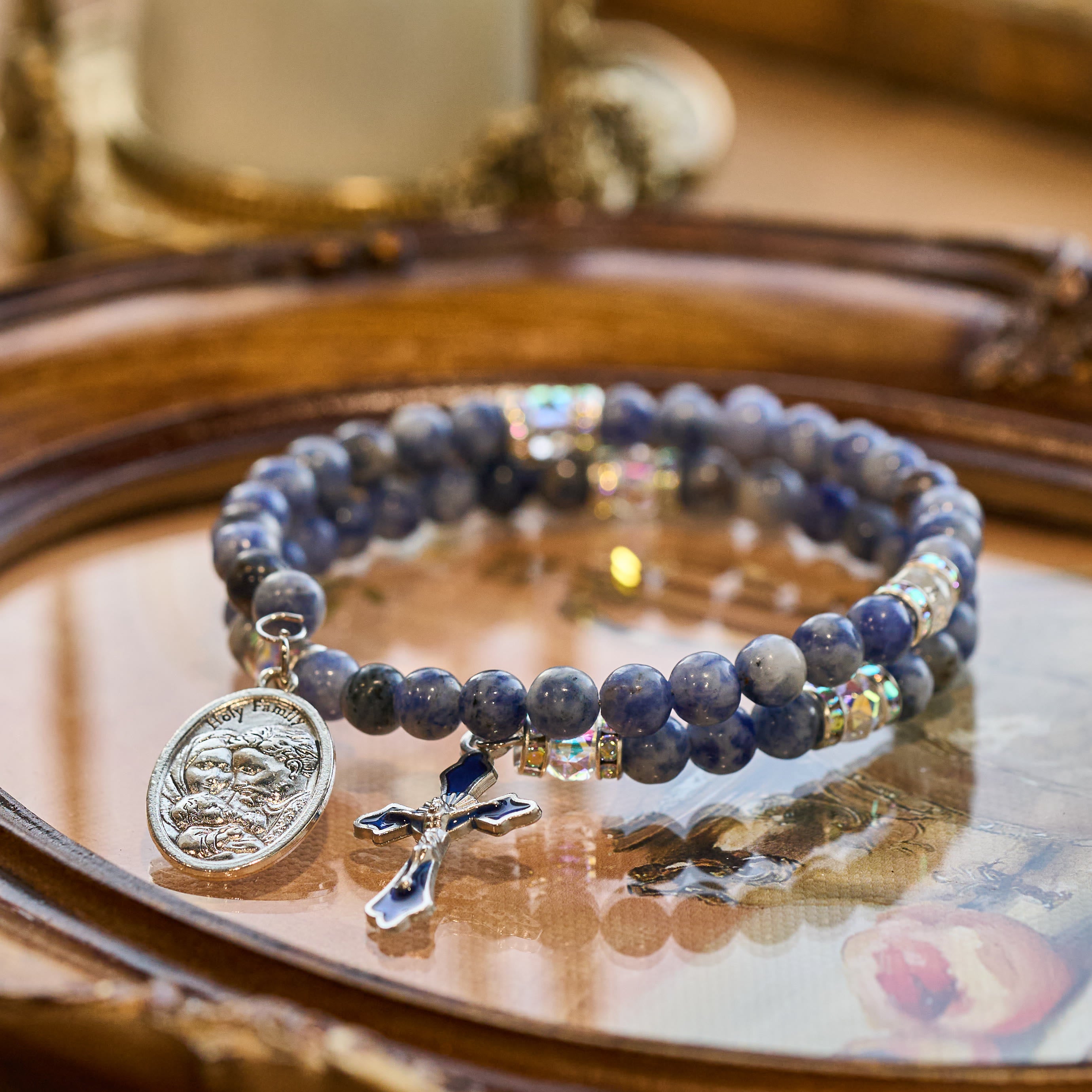 Blue Stone Memory Wire Rosary Bracelet with Holy Family Medal