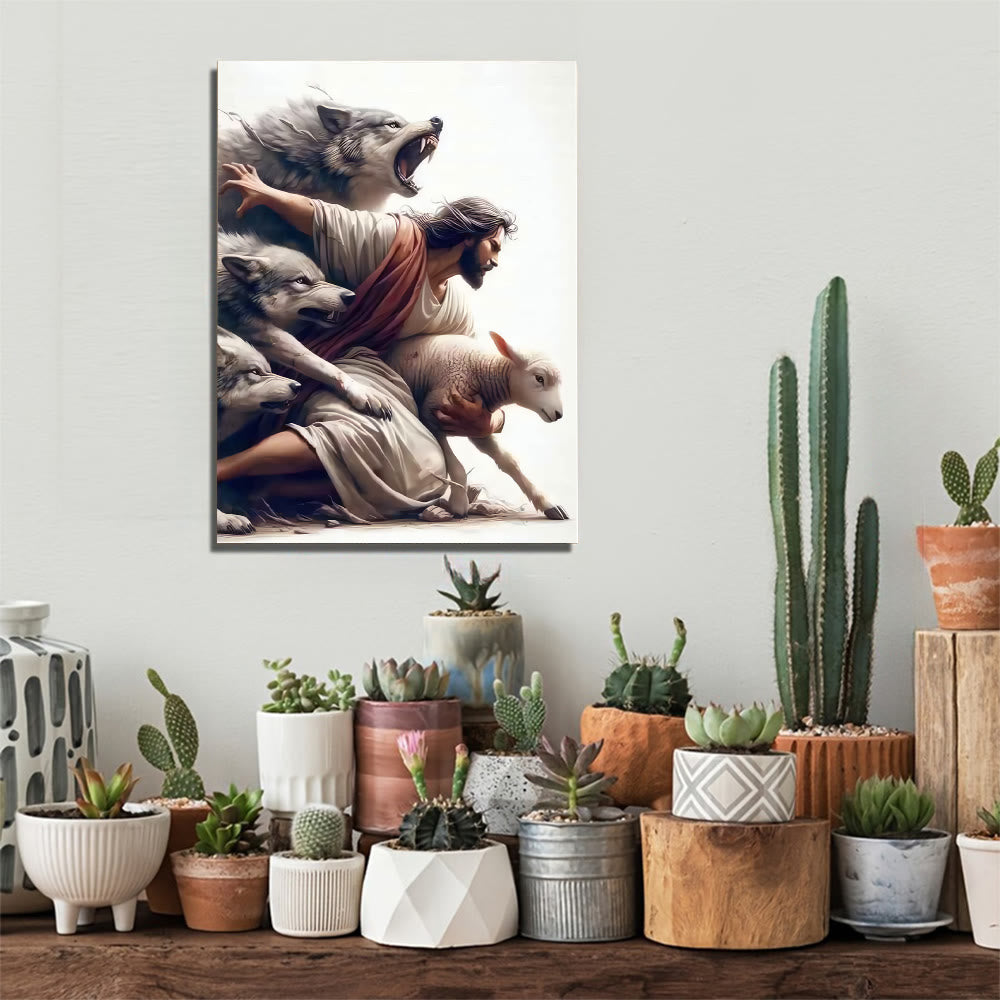 Christianartworkshop Good Shepherd Wall Art Print: Divine Protection & Faithful Devotion - A - Framed Canvas Painting - 13.77"*19.58"*0.7"/35*50*1.8cm - image 0