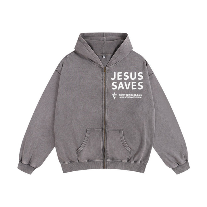 Christianartworkshop Jesus Saves Devotion Hooded Jacket: Express Faith in Daily Life with Ease - Grey - 2XL - image 7