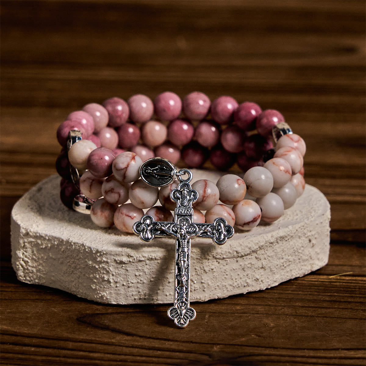 Rosewood Grain Memory Wire Rosary Bracelet with Marian Medals