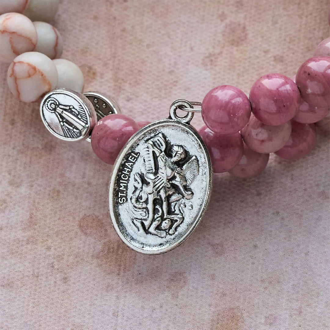 Christianartworkshop Rosewood Grain & Matte Web Stone Memory Wire Rosary Bracelet with Marian Medals - image 7