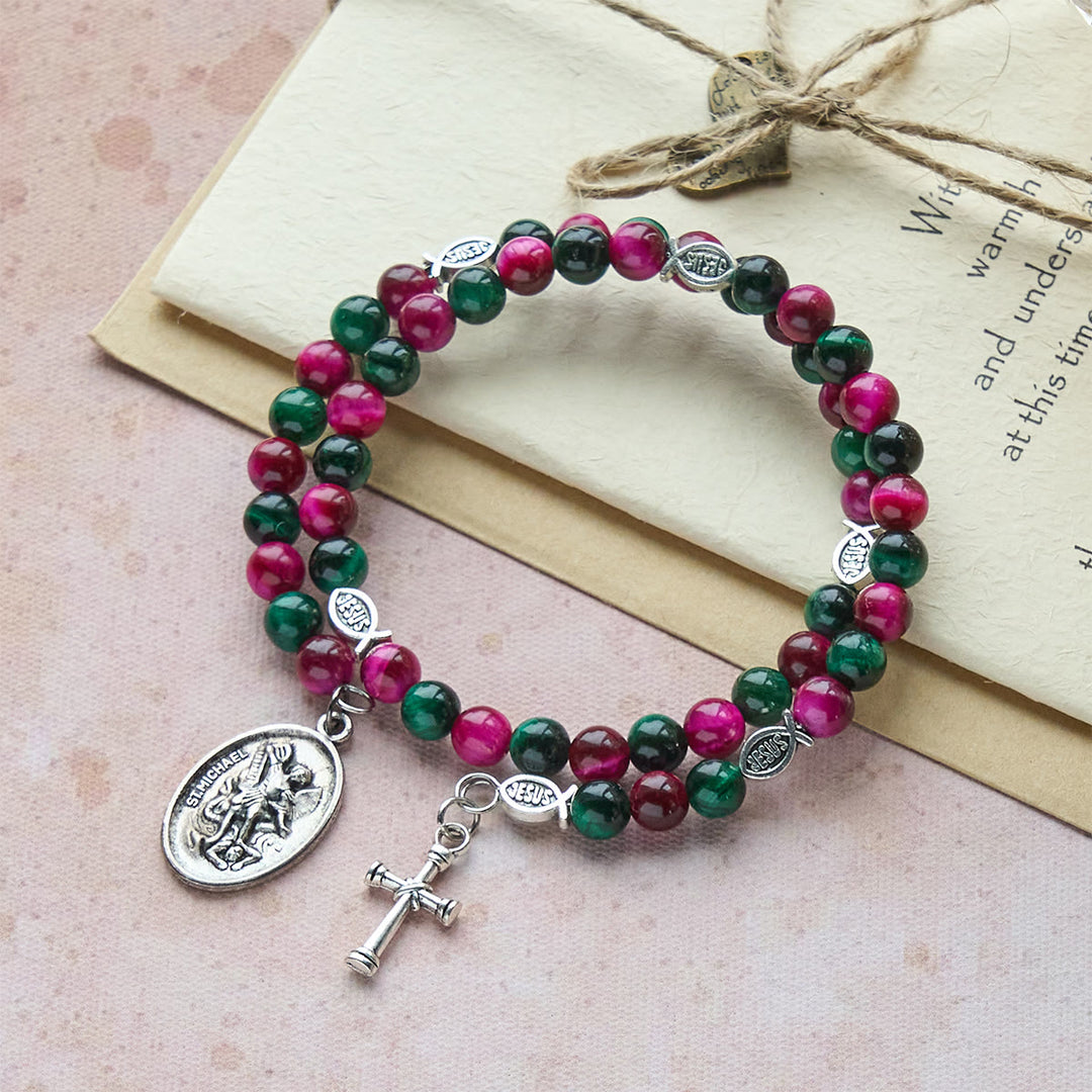 Christianartworkshop Dual-Toned Tiger Eye Memory Wire Rosary Bracelet with Saint Michael - Wrist Circumference: 7.09"-9.06"/18-23cm - image 0