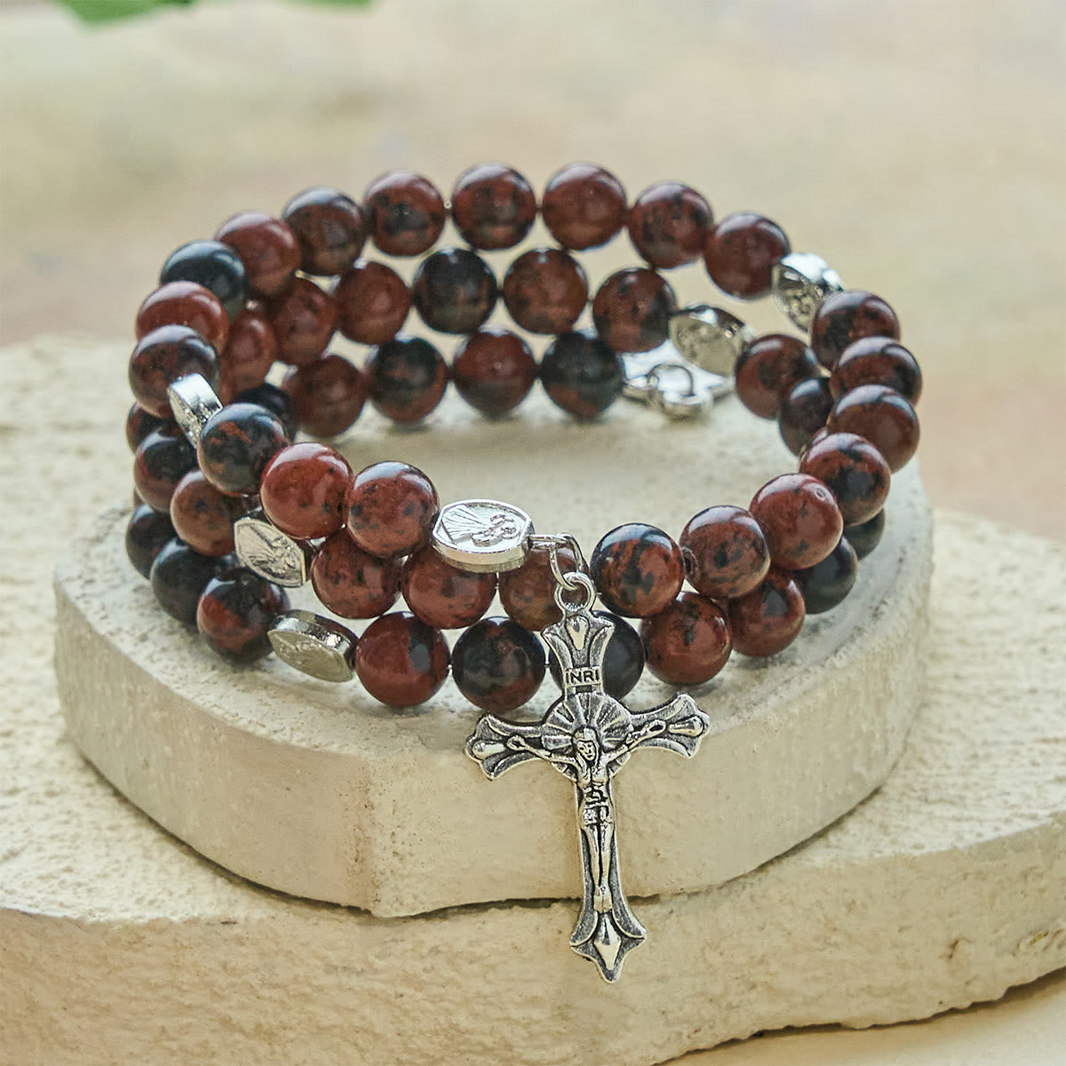 Mahogany Obsidian Rosary Bracelet with Jesus Medal & Crucifix