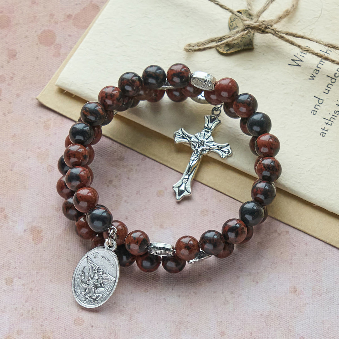 Christianartworkshop Natural Mahogany Obsidian Memory Wire Rosary Bracelet with Jesus - Wrist Circumference: 7.09"-9.06"/18-23cm - image 0