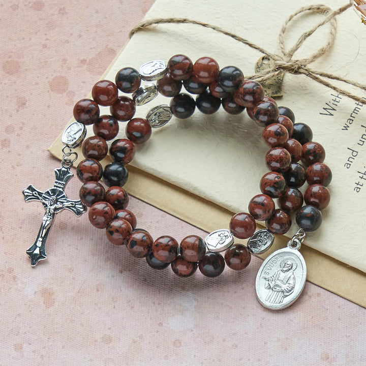 Christianartworkshop Natural Mahogany Obsidian Memory Wire Rosary Bracelet with Jesus - image 3