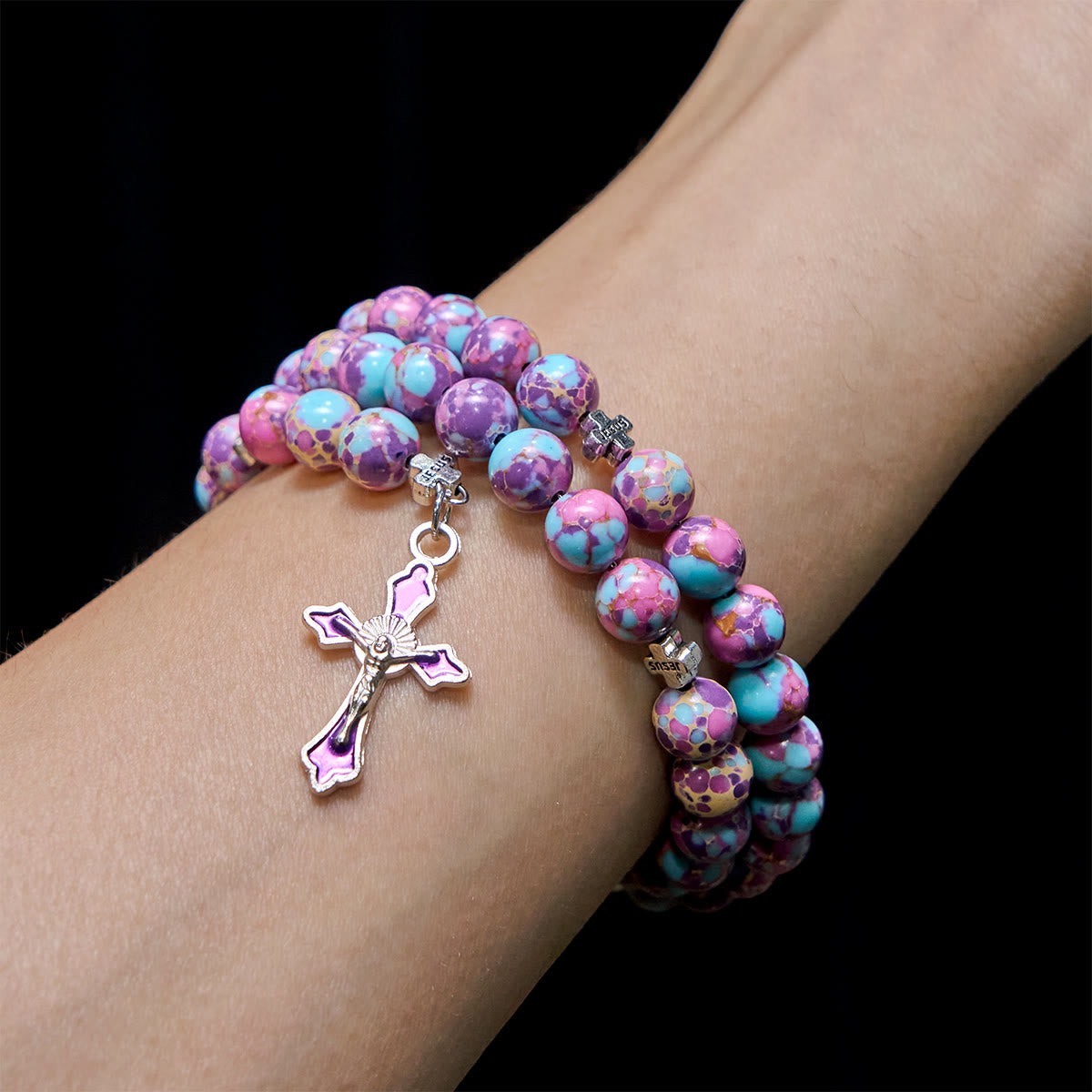 Purple Imperial Jasper Rosary Bracelet w/ Enamel Crucifix