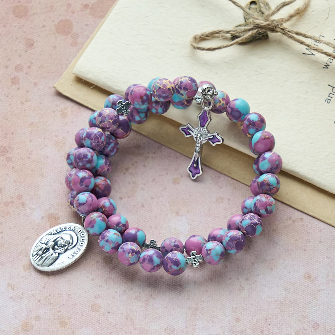 Christianartworkshop Purple Imperial Jasper Memory Wire Rosary Bracelet with Enamel Crucifix - image 2