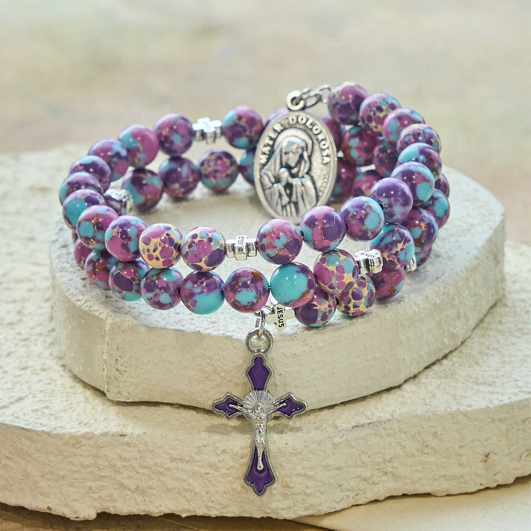 Christianartworkshop Purple Imperial Jasper Memory Wire Rosary Bracelet with Enamel Crucifix - image 5