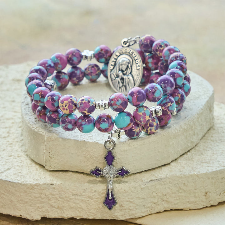 Christianartworkshop Purple Imperial Jasper Memory Wire Rosary Bracelet with Enamel Crucifix - image 5