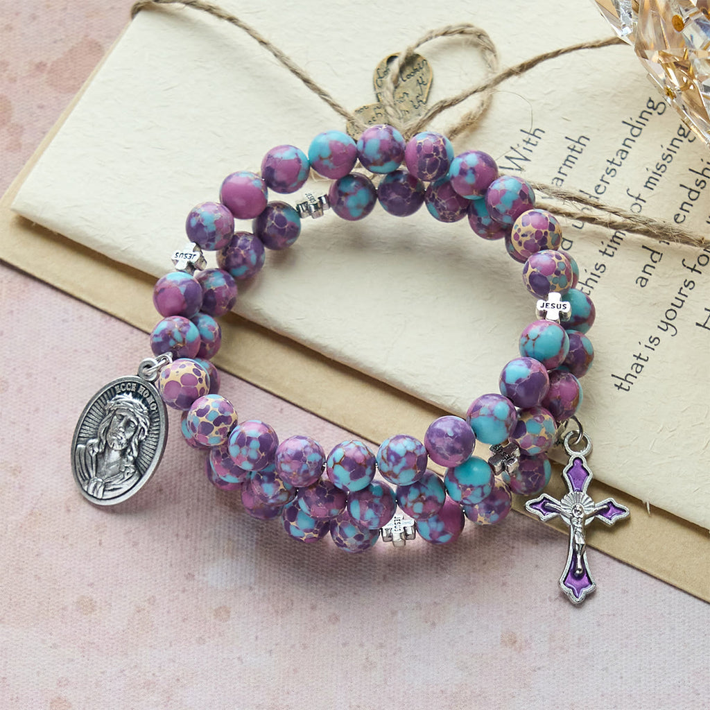 Purple Imperial Jasper Rosary Bracelet w/ Enamel Crucifix