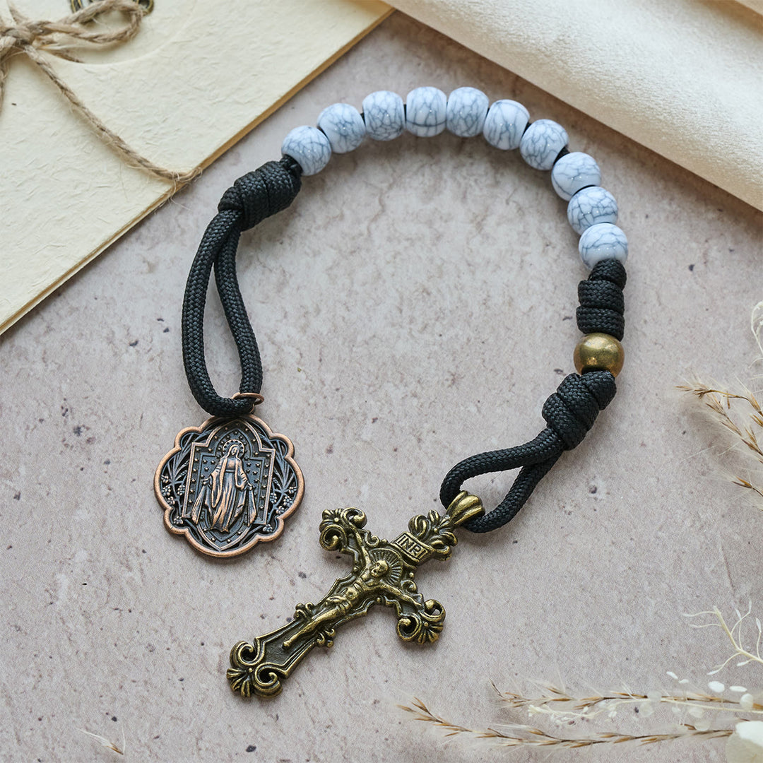FREE Today: Matte White Crackle Beads Pocket Rosary with Brass Sacred Cross - Pocket Rosary - image 0