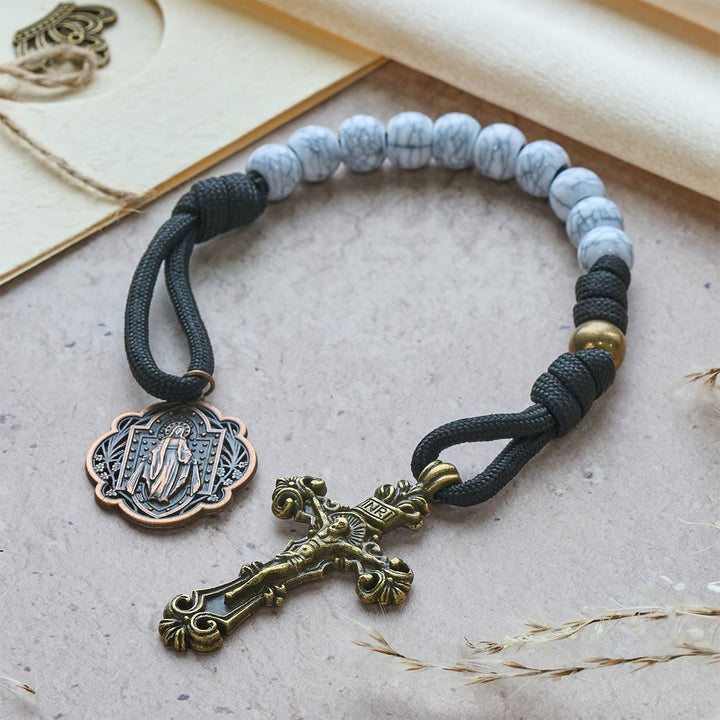 Christianartworkshop Matte White Crackle Beads with Ornate Brass Crucifix Rosary, Pocket Rosary - image 13