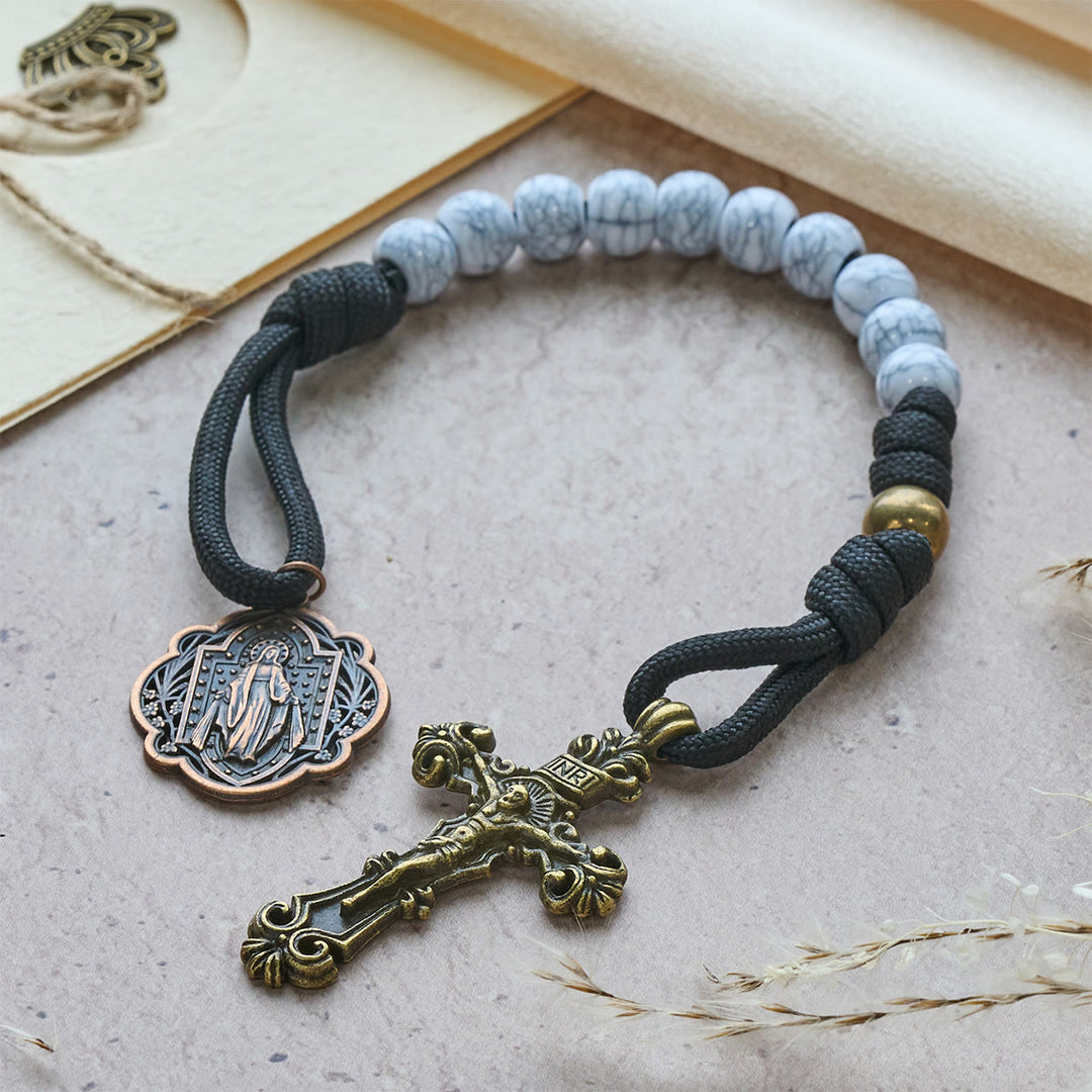 FREE Today: Matte White Crackle Beads with Ornate Brass Crucifix Rosary, Pocket Rosary - image 13
