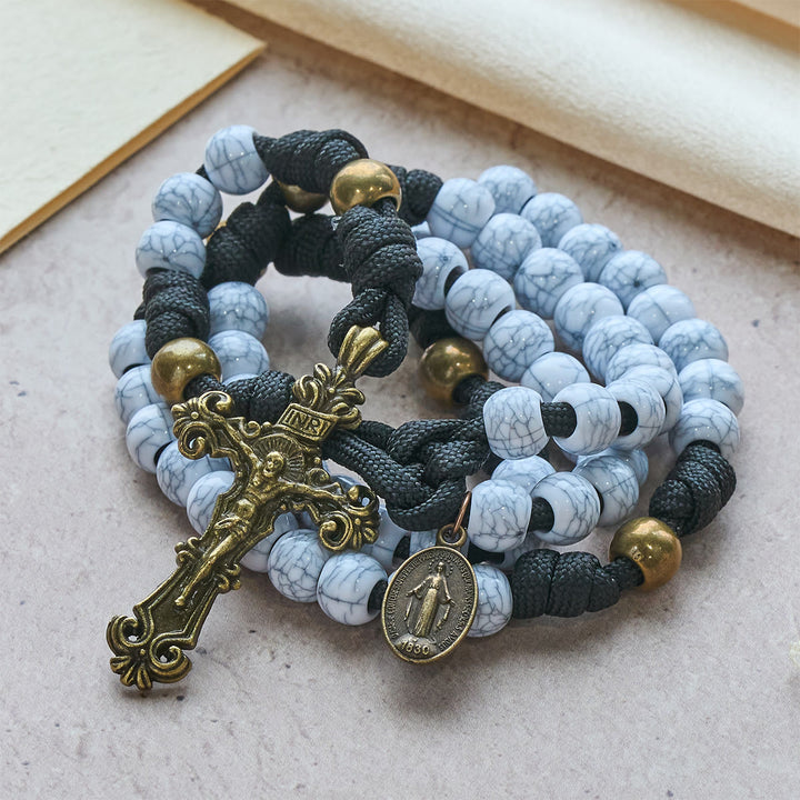 FREE Today: Matte White Crackle Beads with Ornate Brass Crucifix Rosary, Pocket Rosary - image 6