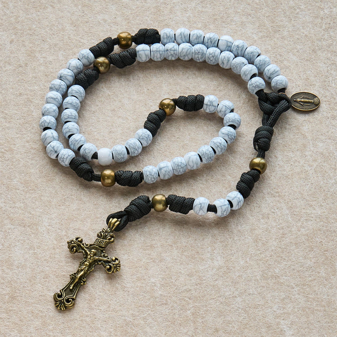 FREE Today: Matte White Crackle Beads with Ornate Brass Crucifix Rosary, Pocket Rosary - Rosary - image 0