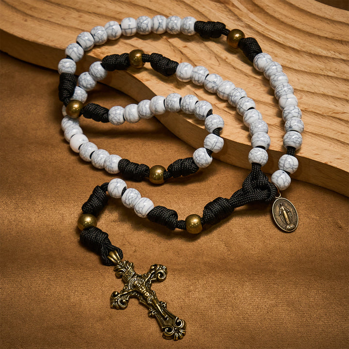 FREE Today: Matte White Crackle Beads with Ornate Brass Crucifix Rosary, Pocket Rosary - image 2