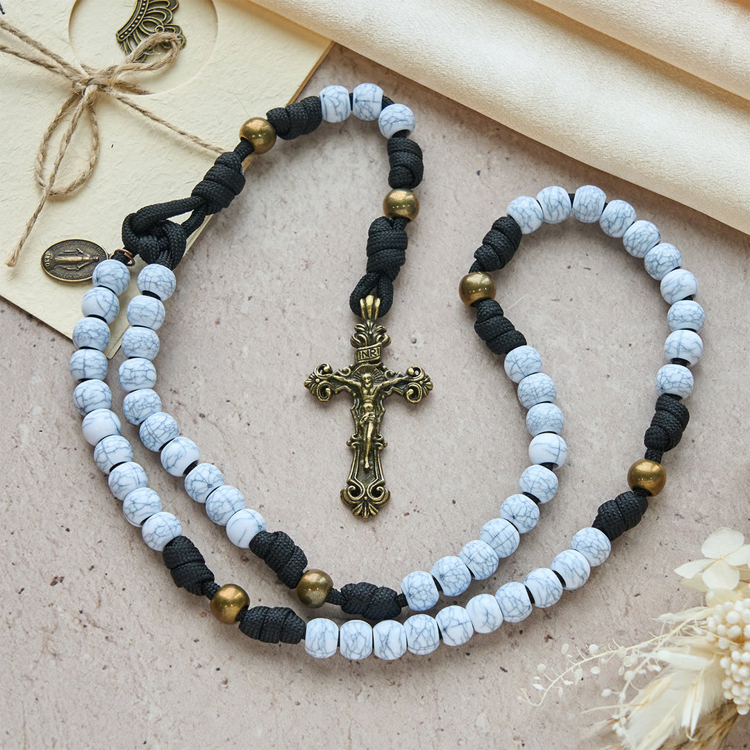 Christianartworkshop Matte White Crackle Beads with Ornate Brass Crucifix Rosary, Pocket Rosary - image 5