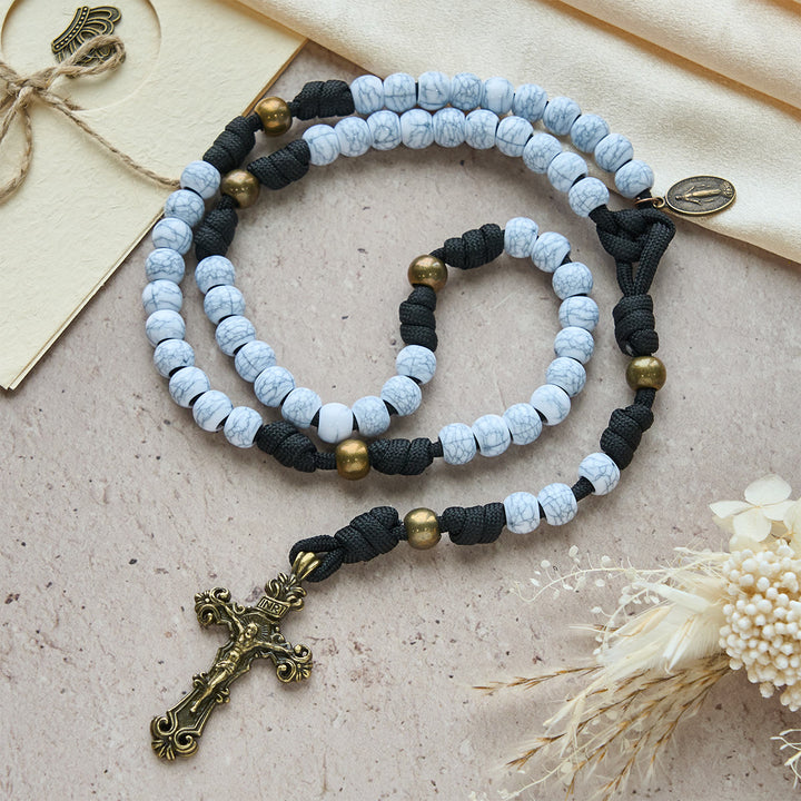 FREE Today: Matte White Crackle Beads with Ornate Brass Crucifix Rosary, Pocket Rosary - image 4