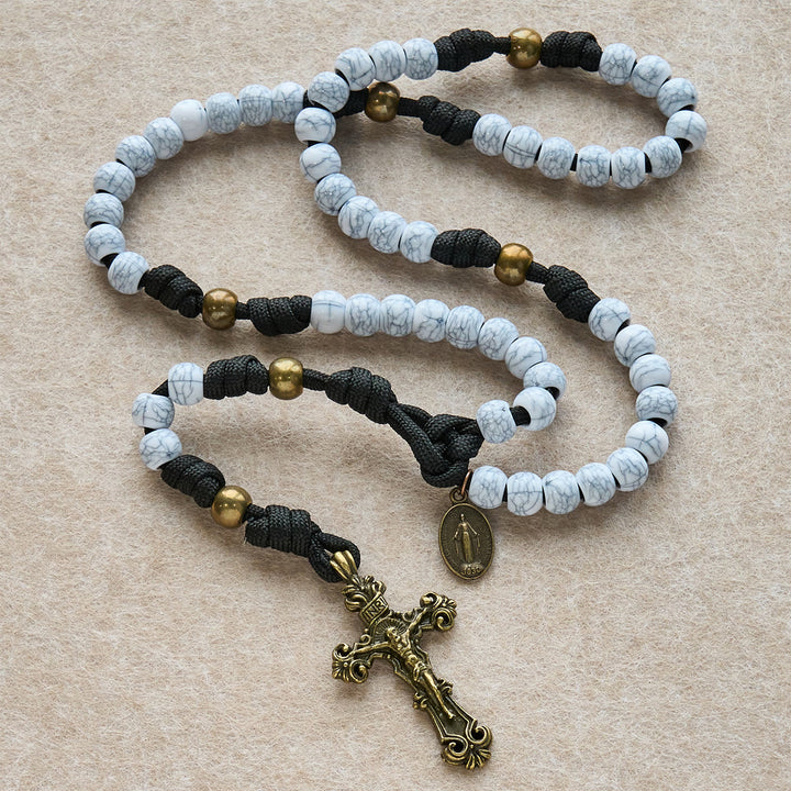 FREE Today: Matte White Crackle Beads with Ornate Brass Crucifix Rosary, Pocket Rosary - image 3