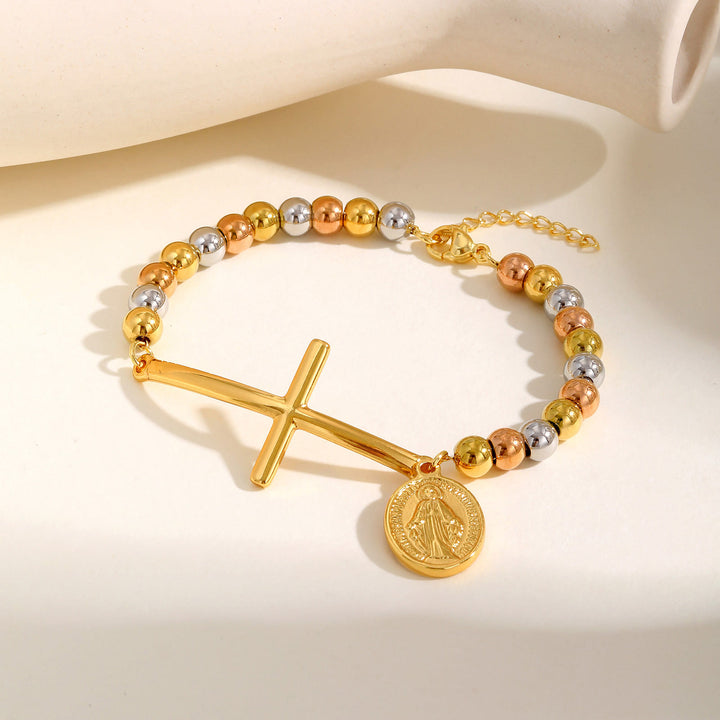 FREE Today: Cross & Saint Medal Beaded Bracelet: Spiritual Symbol with Polished Elegance - Golden & Silver - image 0