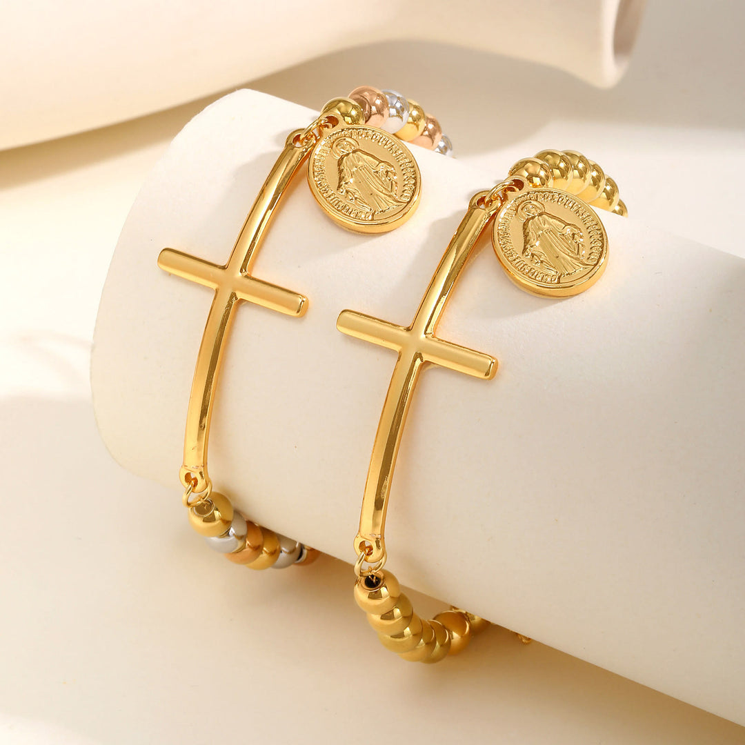 Christianartworkshop Cross & Saint Medal Beaded Bracelet: Spiritual Symbol with Polished Elegance - image 2