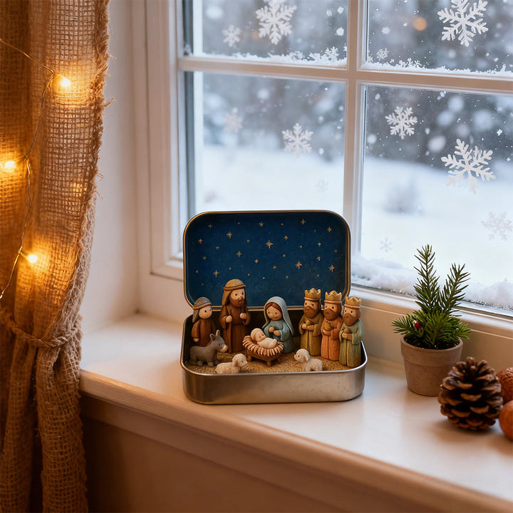 Christianartworkshop Mini Nativity Ornament Set: Compact Tin Case & Cozy Scene for Christmas - image 4