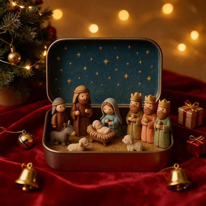 Christianartworkshop Mini Nativity Ornament Set: Compact Tin Case & Cozy Scene for Christmas - image 1