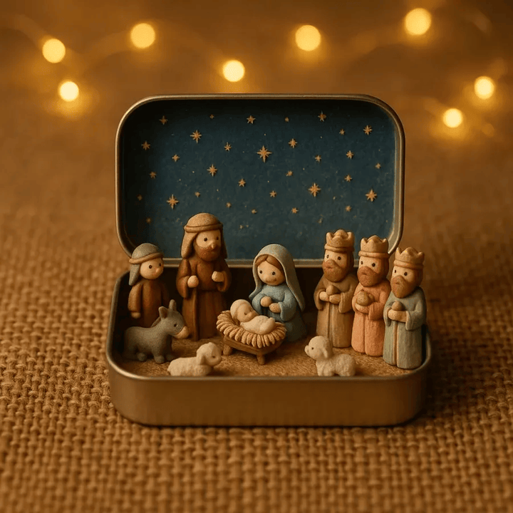 Christianartworkshop Mini Nativity Ornament Set: Compact Tin Case & Cozy Scene for Christmas - Tin Nativity Scene - image 0