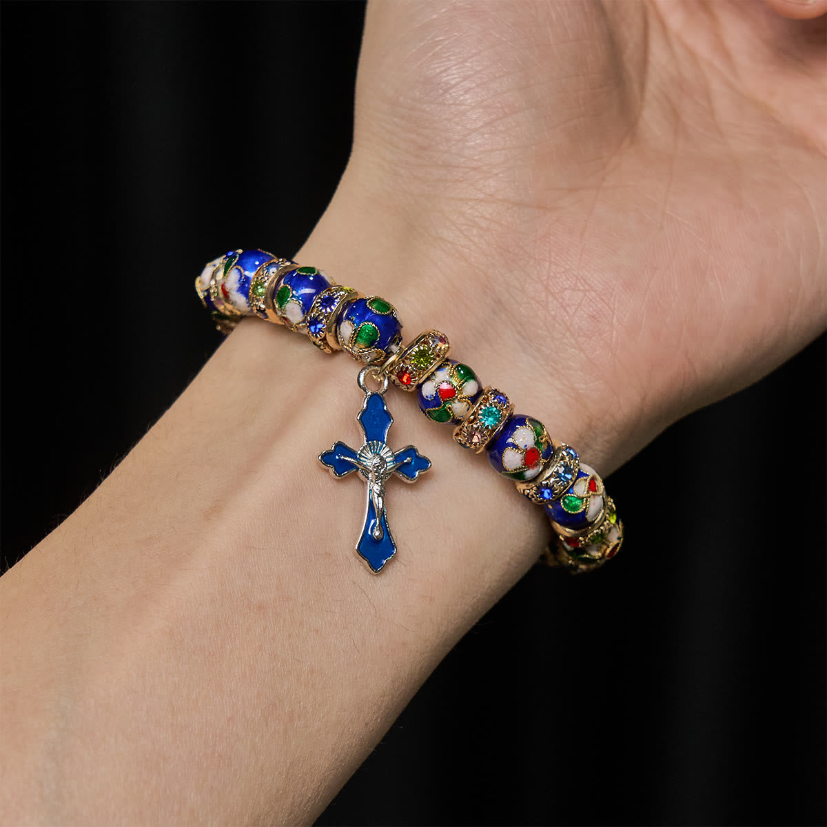 Blue Cloisonné Crucifix Bracelet – Handcrafted 10mm Beads on