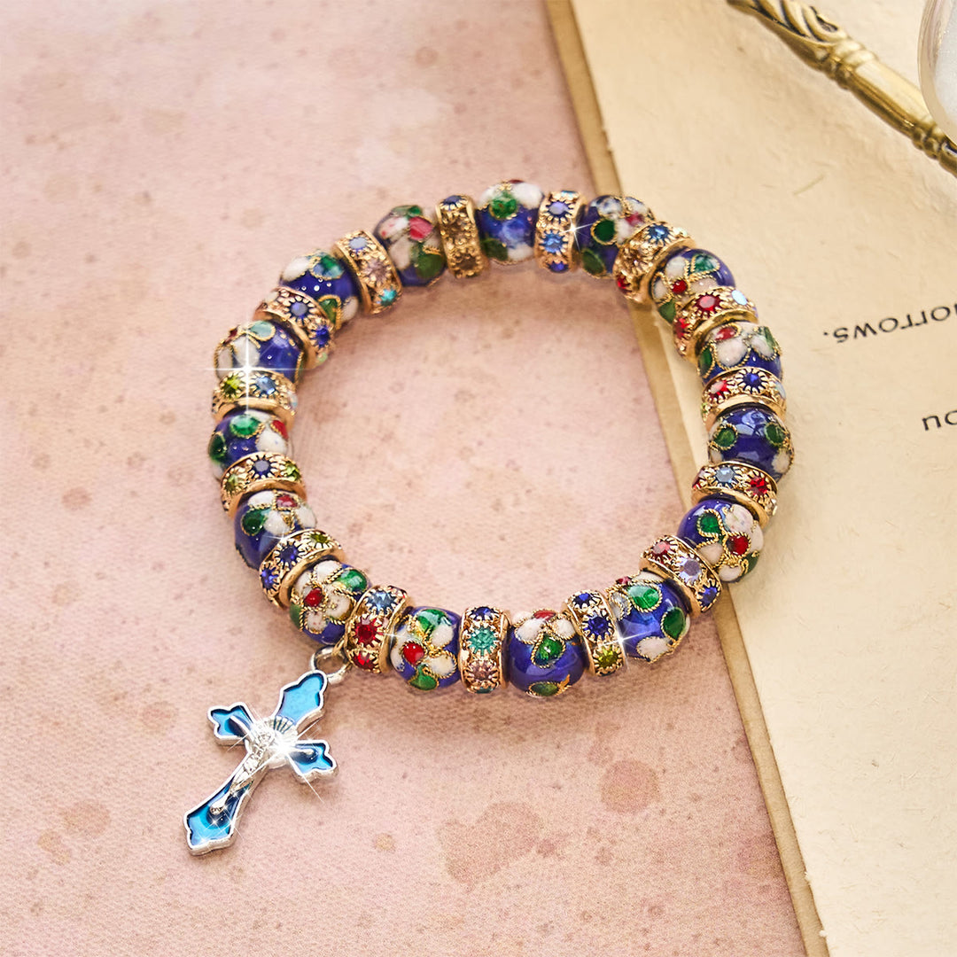 Christianartworkshop Detailed Blue Cloisonné Bead Bracelet with Crucifix - Wrist Circumference: 8.86"/22.5cm - image 0