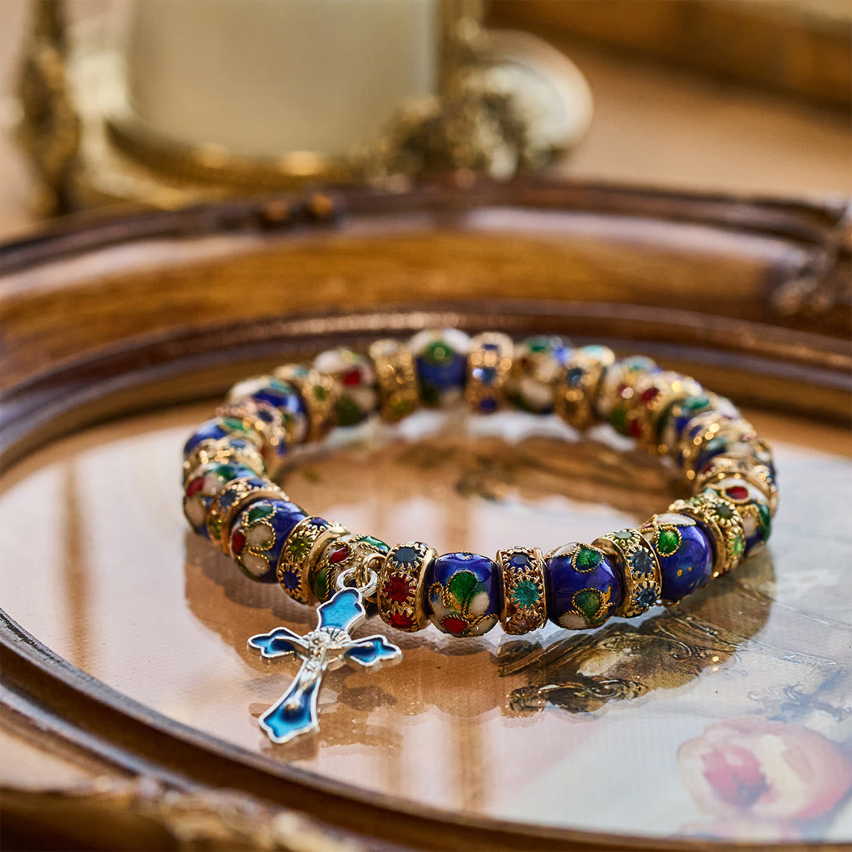Blue Cloisonné Crucifix Bracelet – Handcrafted 10mm Beads on
