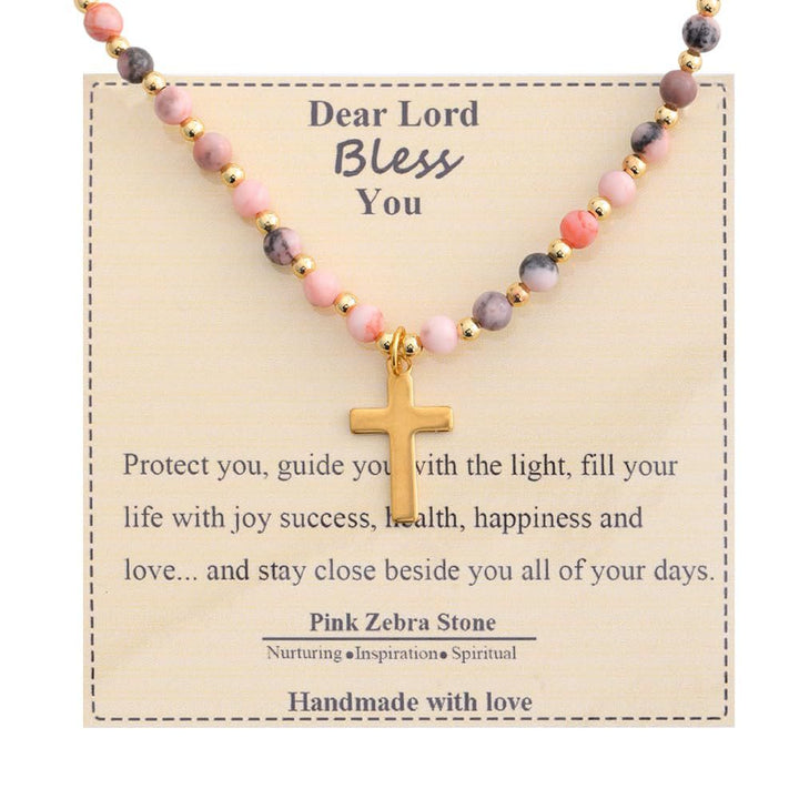 Christianartworkshop Blessed Stone Cross Necklace: Natural Gem Charm & Quiet Devotion Accent - Pink Zebra Stone - image 5
