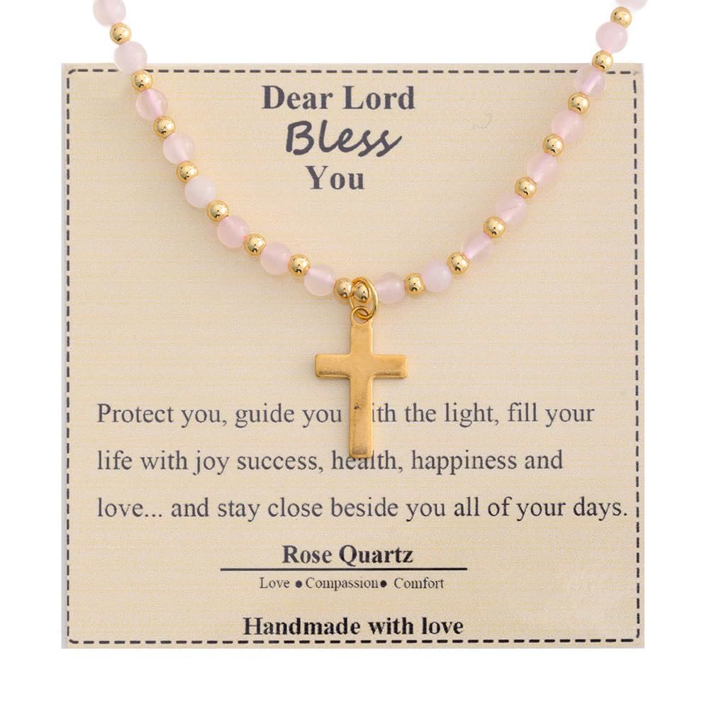 Christianartworkshop Blessed Stone Cross Necklace: Natural Gem Charm & Quiet Devotion Accent - Rose Quartz - image 0