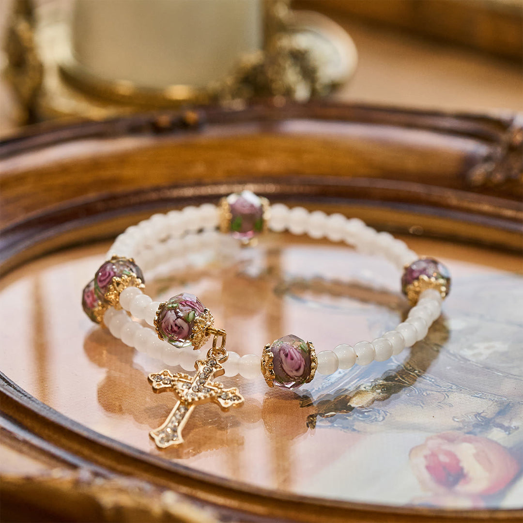 Christianartworkshop Floral Accent Memory Wire Rosary Bracelet: Tender Devotion for Daily Moments - Wrist Circumference: 7.08"-9.06''/18-23cm - image 0