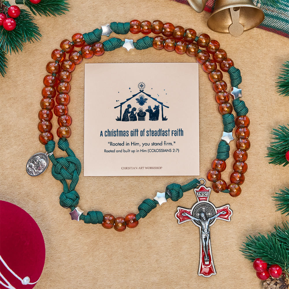 Christianartworkshop Christmas Gift: Amber-Tone Beads and Green Paracord Christmas Rosary with Holy Family Medal - A Christmas Gift of Steadfast Faith - image 0