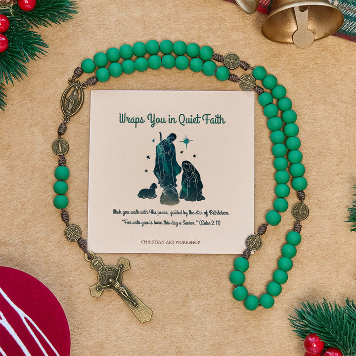 Christianartworkshop Christmas Gift: Matte Green Rubber Beads Rosary with St. Benedict Protection - Wraps You in Quiet Faith - image 0